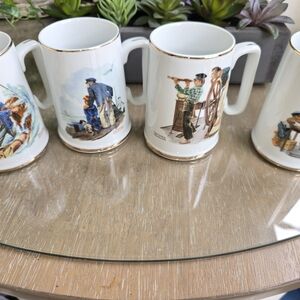 Norman Rockwell White Porcelain Mugs with Gold Trim and Nautical Artwork